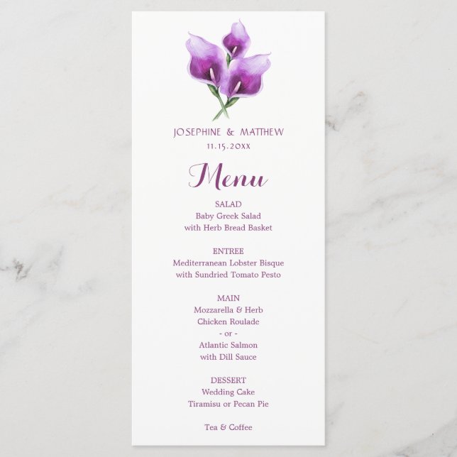 Aquarela Purple Calla Lily Floral Menu (Frente)