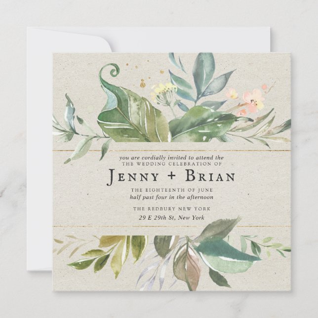 Aquarela Verde | Casamento Floral Rosa Quadrado (Frente)