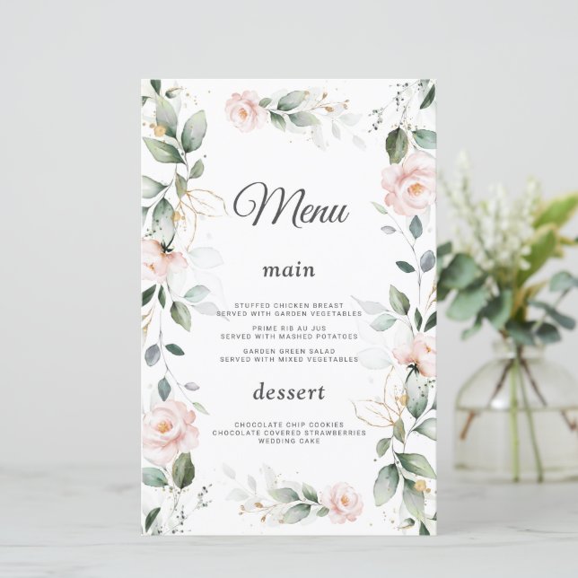 Aquarela Verde Flores Rosa Douradas Menu Casamento (Em pé/Frente)