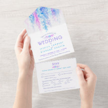 Aquarela vinha azul rosa roxo jantar RSVP