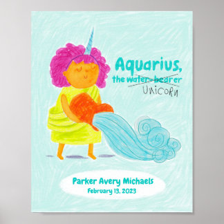Aquário Cute Personalizado Unicórnio Zodiac Poster