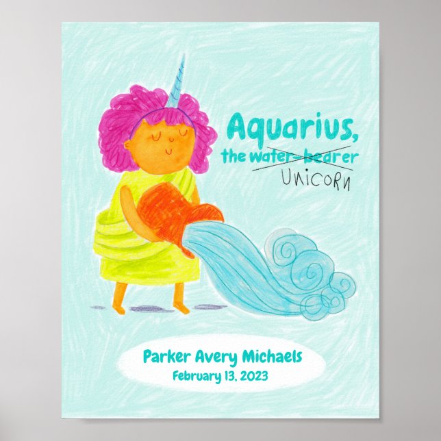 Aquário Cute Personalizado Unicórnio Zodiac Poster (Frente)