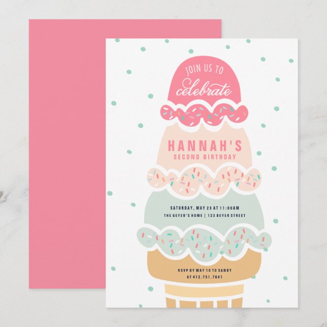 Aqui está o Convite de Aniversário do Sorvete Rosa (Frente/Verso)