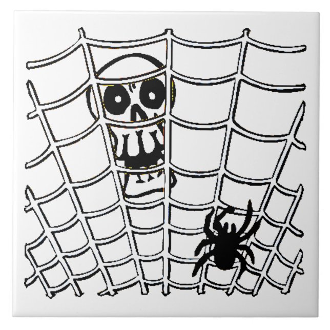 Aranha na Teia com Azulejo de Halloween de Caveira (Frente)