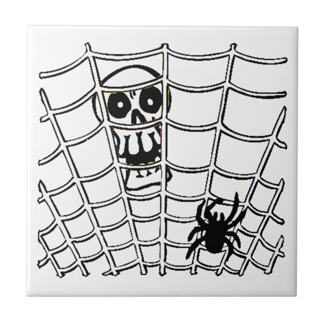 Aranha na Web com Azulejo de Halloween de Caveira (Frente)