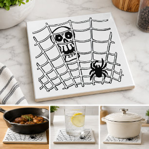 Aranha na Web com Azulejo de Halloween de Caveira