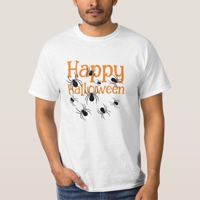Aranhas Felizes Camiseta Negro e Laranja de Hallow (Frente)