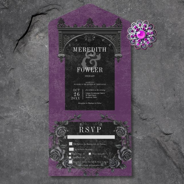 Arca Preta Gótica e Rosas Pretos Janto Roxo (Gothic Black Arch & Black Roses Purple Dinner All In One Invitation)