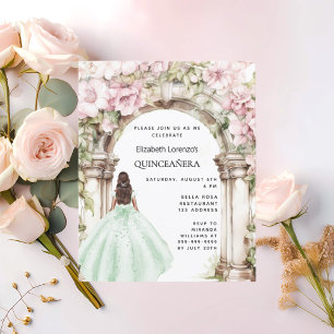 Arca verde rosa-floral Convite Quinceanera