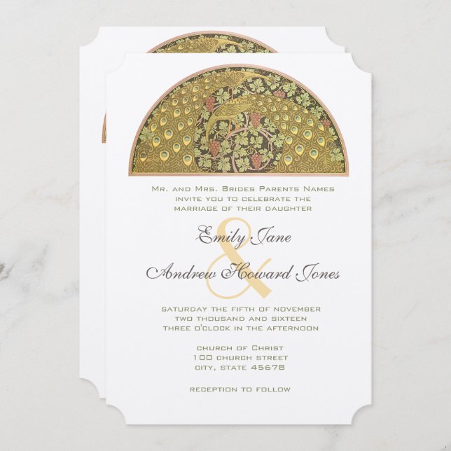 Arch Art Deco Peacock Birds Convite Para Casamento (Frente/Verso)