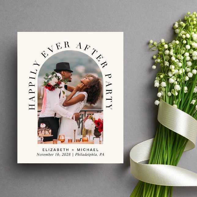 Arch Photo Code Cream Recepção de casamento Invite (Celebrate your love story with an invitation showcasing your favorite photo in an elegant arch frame)