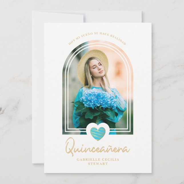 Arch Spanish Modern Blue Heart Photo Quinceañera (Frente)