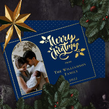 Arched Photo Merry Christmas and Holly on Dk Blue