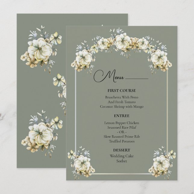 Arched Sage Green Floral Wedding Menu (Frente/Verso)