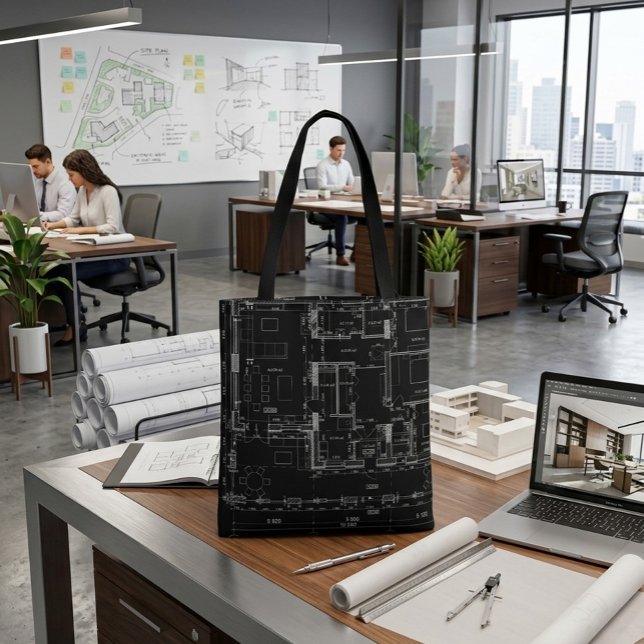 Architectural Blueprint Pattern Tote Bag (Criador carregado)