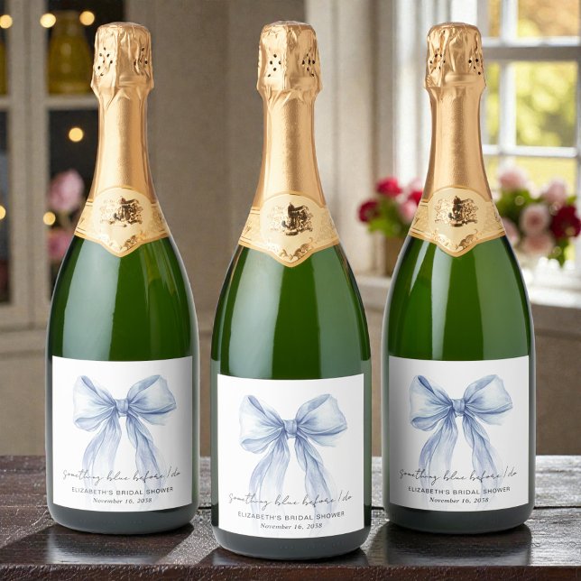 Arco Azul Água-forte Chuveiro de Noiva (Something Blue Bow Watercolor Bridal Shower Sparkling Wine Label)