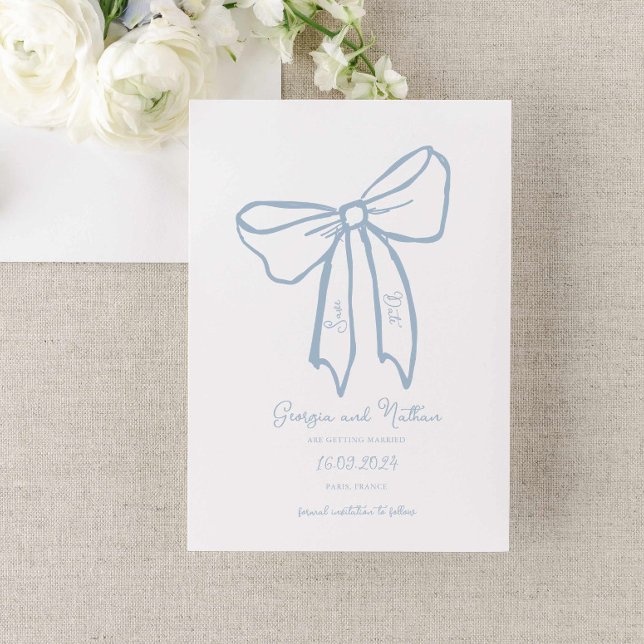 Arco Azul Dusty Salve a Data Convite (dusty blue bow wedding save the date card, hand drawn bow french vintage inspired wedding)