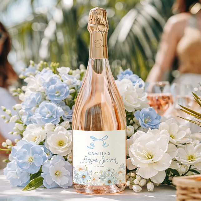 Arco Azul e Floral Festa de Noivado  (Blue Flower and Bow Bridal Shower Garden Party Wine Label)