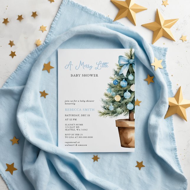 Arco Azul Feliz de Natal Pequeno Chá de fraldas (Budget Blue Bow Christmas Merry Little Baby Shower Invitation)