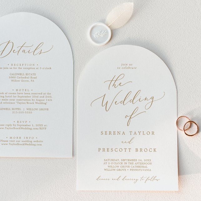 Arco de Caligrafia em Ouro Delicado Convite de Cas (Delicate Gold Calligraphy Arch All In One Wedding Invitation)