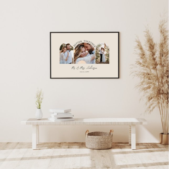 Arco de creme natural com várias fotos de decoraçã (Criador carregado)