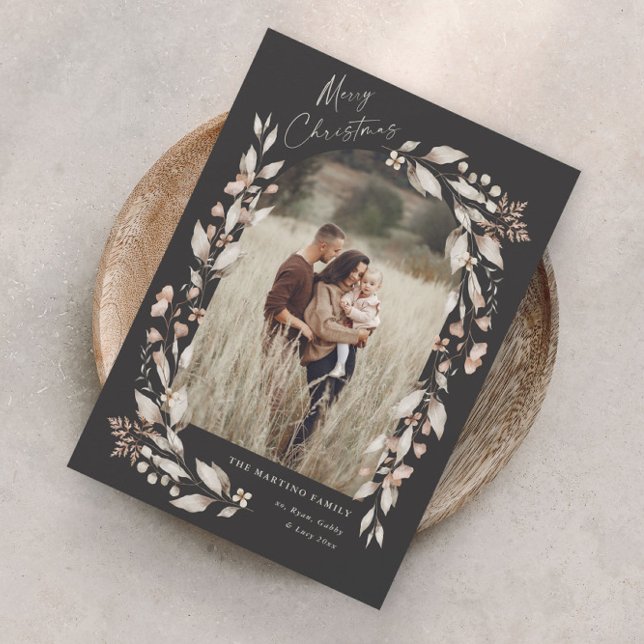 Arco de Flor Silvestre Boho Foto Natal Feriado (Boho wildflower arch photo christmas holiday magnetic card with elegant script hand painted foliage.)