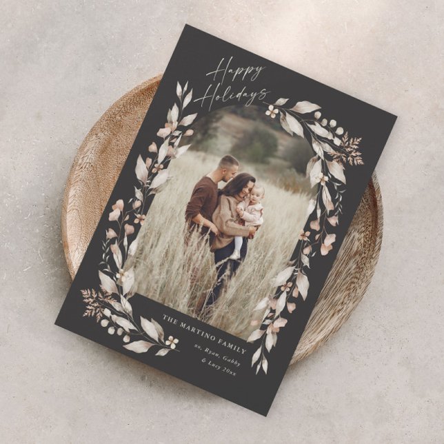 Arco de Flor Silvestre Boho Foto Natal Feriado (Boho wildflower arch photo magnetic holiday card with elegant script and hand painted foliage.)