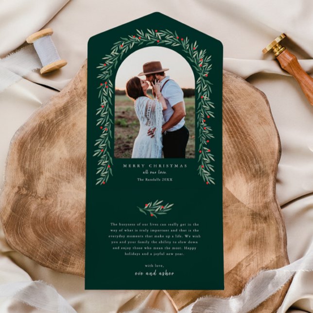 Arco de Verdure Elegante Foto Natal Férias (Elegant boho greenery arch photo christmas holiday all in one card.)