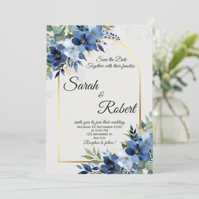 Arco Dourado com Floral Azul para Convite de Noiva (Em pé/Frente)
