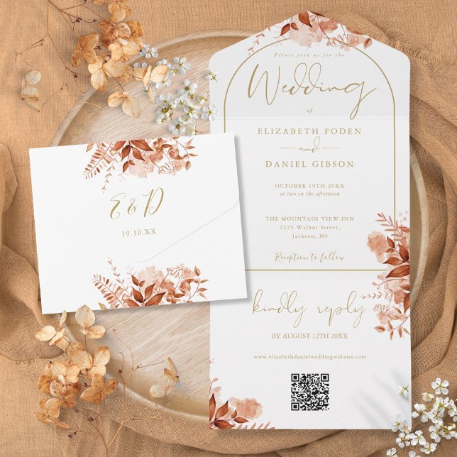 Arco Dourado Outono Floral Código QR Casamento (Gold Arch Autumn Fall Floral QR Code Wedding All In One Invitation)
