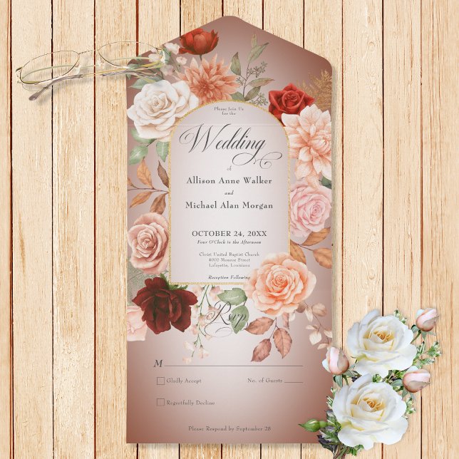 Arco Floral de Pêssego Russo Boho Rust Sem Janto (Also available with a QR code or with dinner selection options.)