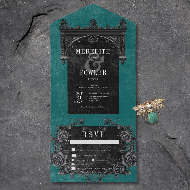 Arco Gótico Corvo e Rosas Negras Jantar Azul-Verde (Gothic Arch Raven & Black Roses Teal Dinner All In One Invitation)