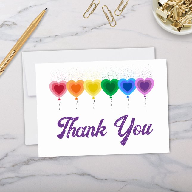 Arco-Íris Balões Dobrados Obrigado Cartões (Cute heart shaped balloons in rainbow color scheme personalized folded thank you cards)
