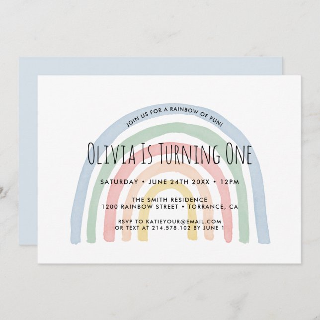 Arco-Íris Divertido Primeiro Convite De Aniversári (Frente/Verso)
