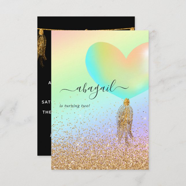 Arco-íris e Convite à Festa de aniversário Dourado (Frente/Verso)