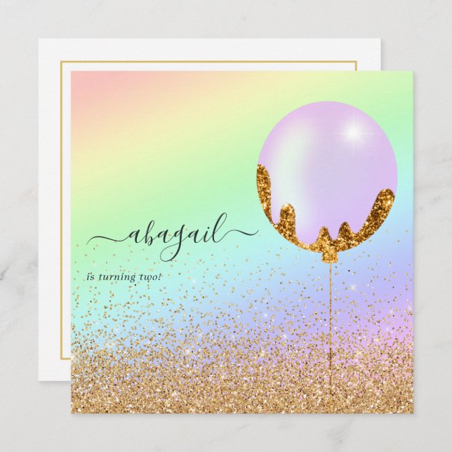 Arco-íris e Convite à Festa de aniversário Dourado (Frente/Verso)