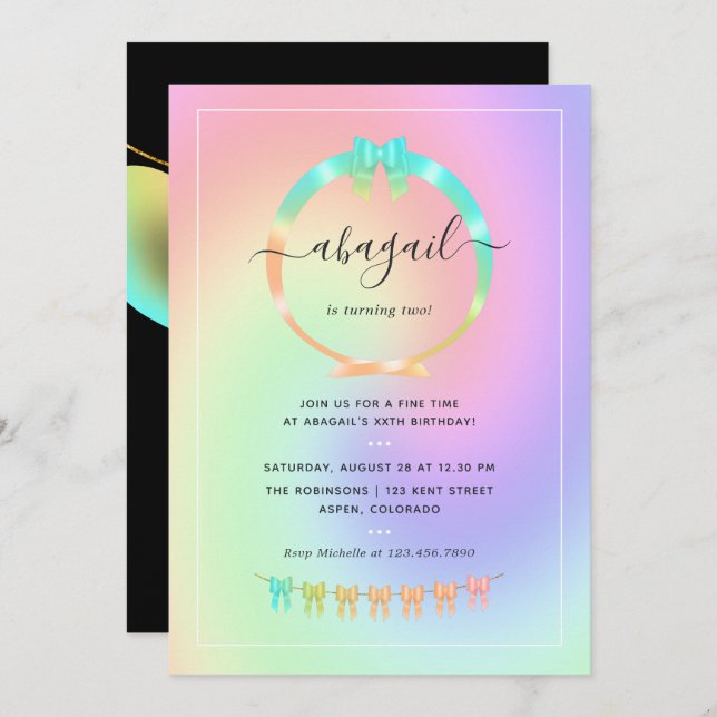 Arco-íris e Convite de aniversário Dourado (Frente/Verso)