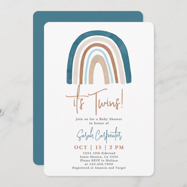 Arco-Íris, é o convite do Chá de fraldas Twins (Frente/Verso)
