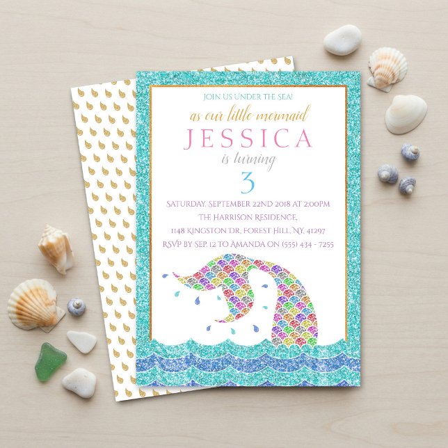 Arco-íris Glitter Sirene Convite de Aniversário pa (Criador carregado)