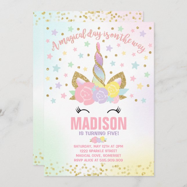 Arco-Íris Unicórnio Convite de Aniversário Rosa Do (Frente/Verso)