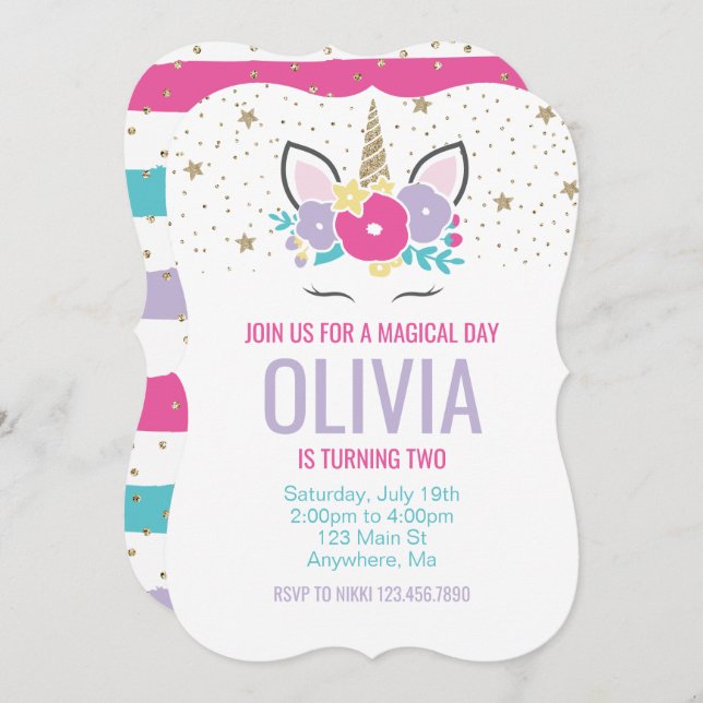 Arco-Íris Unicórnio Convite de Aniversário Rosa e  (Frente/Verso)