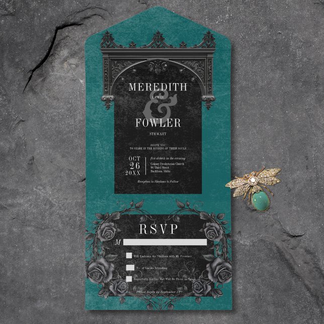 Arco Preto Gótico e Rosas Pretos Teal Sem Janto (Gothic Black Arch & Black Roses Teal No Dinner All In One Invitation)