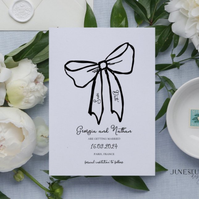 Arco Retroativo Único Salvar o Convite de Data (vintage inspired bow wedding invitation, hand drawn bow wedding save date card, bow illustrated )