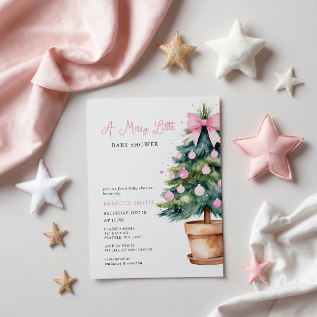 Arco Rosa  Feliz de Natal Pequeno Chá de fraldas (Budget Pink Bow Christmas Merry Little Baby Shower Invitation)