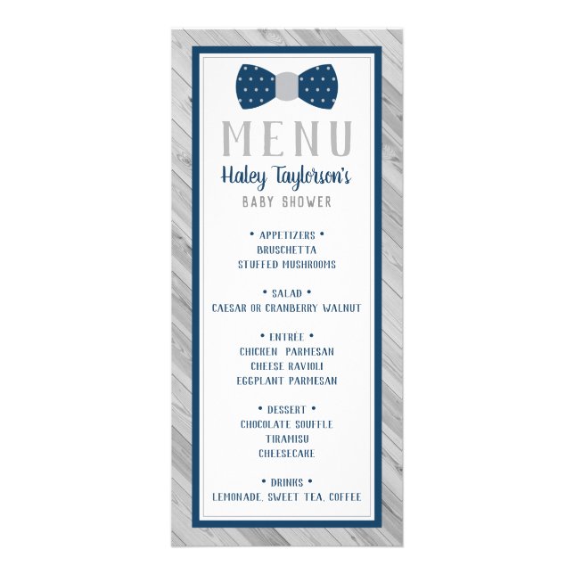 Arco Tie Chá de fraldas Menu Card, Blue e Cinza (Frente)