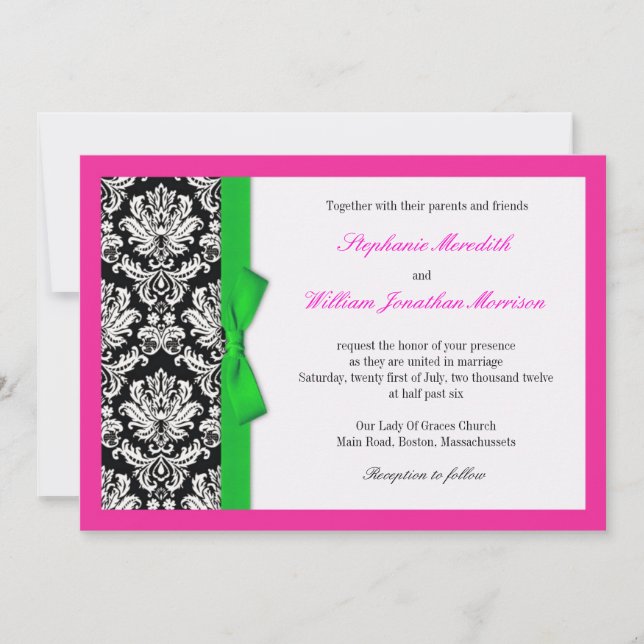 Arco Verde Damask com Convite de Casamento Rosa Qu (Frente)