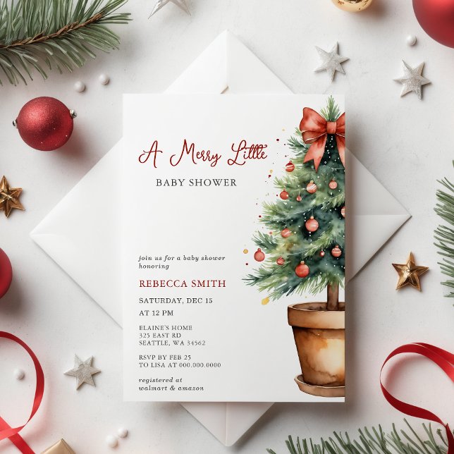 Arco Vermelho  Feliz de Natal Pequeno Chá de frald (Budget Red Bow Christmas Tree Merry Little Baby Shower Invitation)