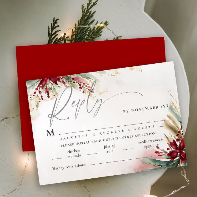 Arco Vermelho Verde de inverno Casamento RSVP (winter wedding christmas bow greenery berries watercolor rsvp card meal choice elegant modern)