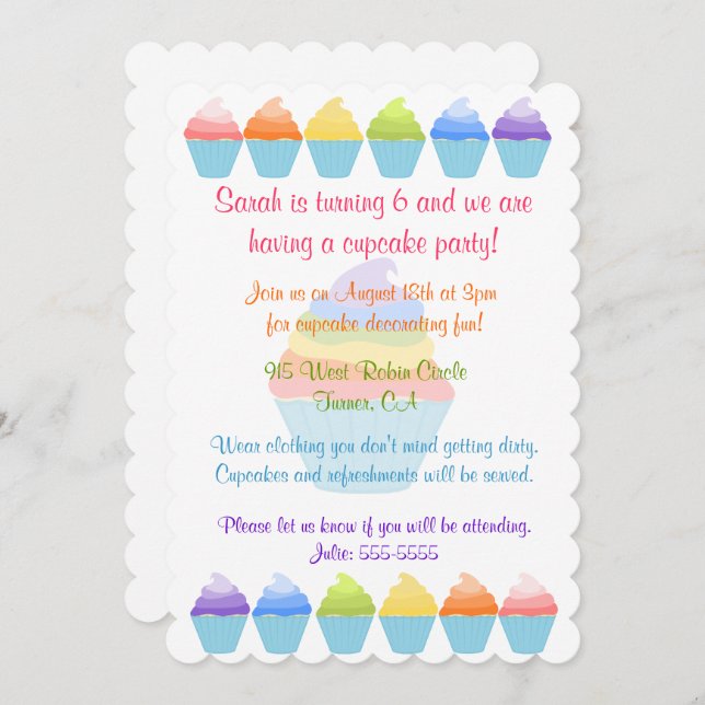 Arcos-íris do convite dos cupcakes (Frente/Verso)