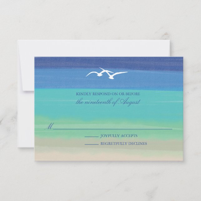 Areia, mar e gaivotas | RSVP de Casamento Oceânico (Frente)
